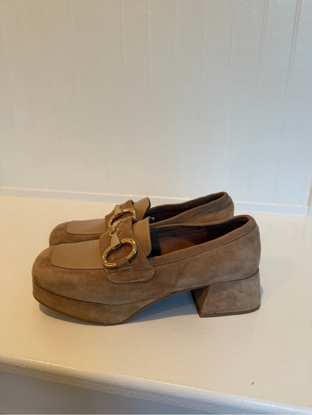 Jeffrey Campbell Suede Block Heel Loafers in Taupe with Gold Hardware